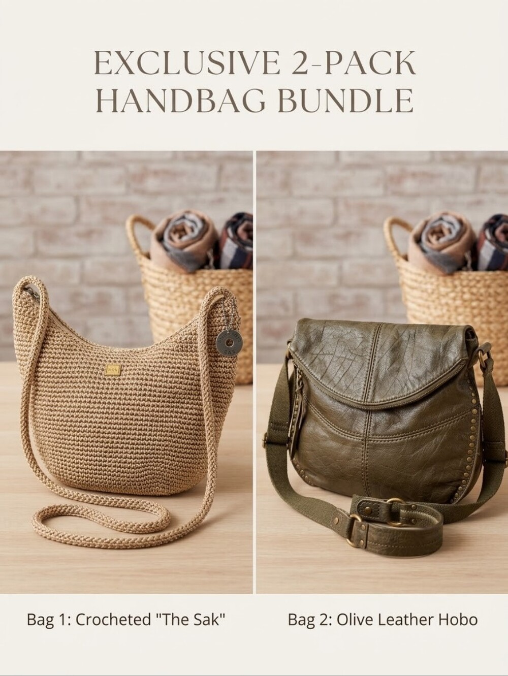 The Sak 2-Piece Handbag Bundle Crochet Crossbody & Olive Leather Bag
